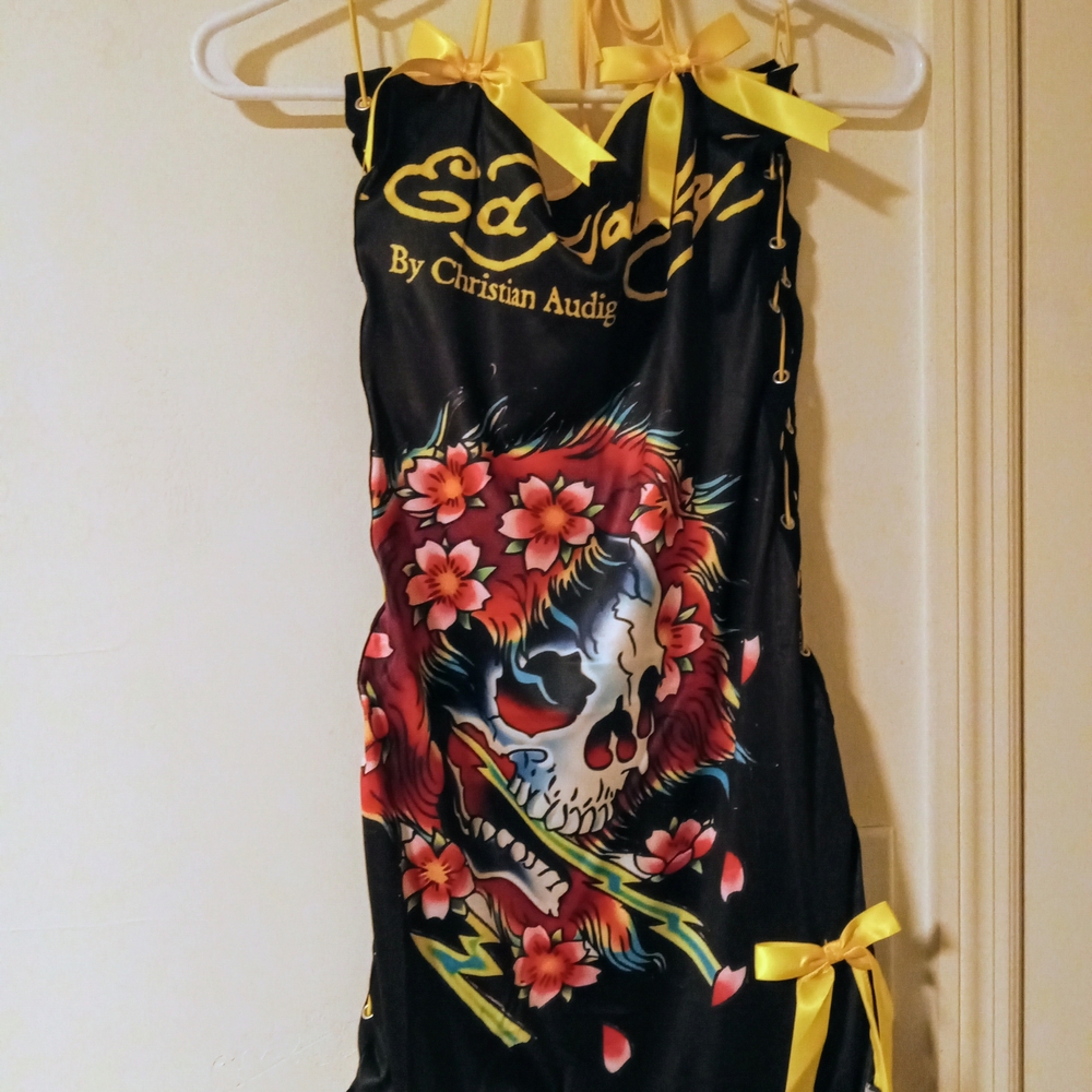 Ed Hardy Black Dress with Floral Skull and Yellow Accents - Picture 1 of 2